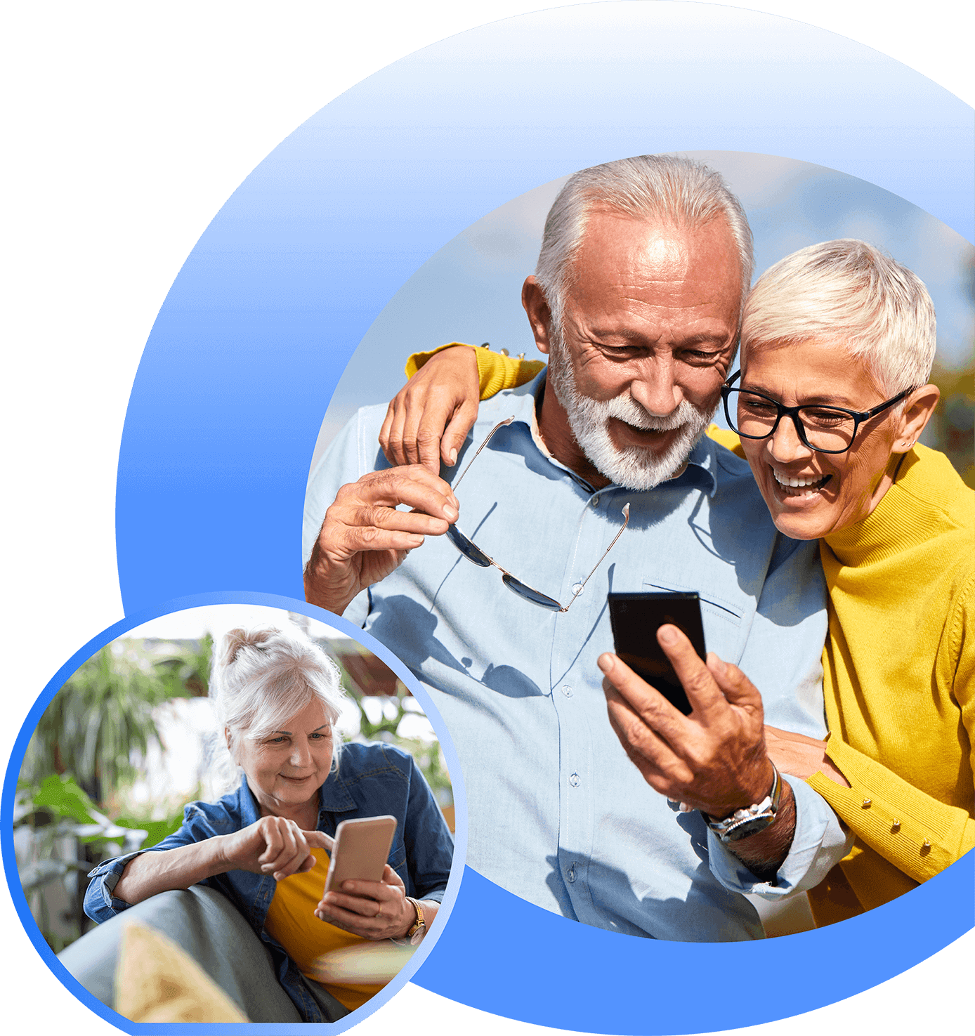 Two circular photo cutouts showing people using smartphones